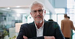 Business, mature man and face with arms crossed in office for career pride, startup confidence and smile. Creative agency, project manager and happy employee with portrait at professional workplace