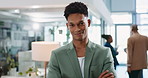 Business, man and face with arms crossed in office for career pride, startup confidence and laughing. Creative media agency, african employee and happy with portrait at professional coworking job