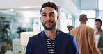 Man, face and office for creative professional, fashion writer and proud manager of magazine agency. Male person, portrait and trend reporter in workplace, style journalism and confident employee