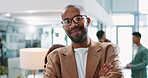 Business, man and smile with arms crossed in office for career pride, startup confidence and laughing. Creative media agency, african employee and happy with portrait at professional coworking job