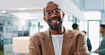 Business, black man and face with arms crossed in office for career pride, startup confidence and laughing. Creative agency, african employee and happy with portrait at professional coworking job