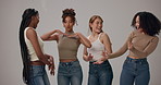 Diversity, happy and women in studio dance for support, solidarity and bonding together. Friends, celebrate and group of people with natural beauty, confidence and wellness on gray background