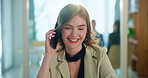 Office, phone call and woman at desk with smile, networking or business contact at administration agency. Businesswoman, consultant or receptionist with smartphone connection for happy communication