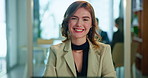 Office, portrait and woman at desk with smile, administration and confidence for business plan at finance agency. Happy consultant, businesswoman or receptionist at advisory management consultancy