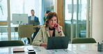 Office, thinking and woman at laptop with planning, review or data analysis for business stats at financial agency. Ideas, administration and consultant at desk with computer for online development