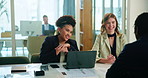 Business people, meeting and interview with discussion for hiring, recruiting or conversation at office. Happy, group or employees talking with candidate for job or career opportunity at workplace