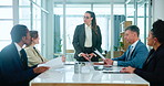 Meeting, manager and woman with business people in discussion for planning, teamwork and project ideas. Corporate, collaboration and men and women speaking for feedback, review and talking in office