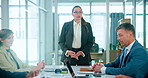 Meeting, manager and woman with business people in office for planning, teamwork and project ideas. Corporate, collaboration and men and women with boss for feedback, company review and discussion