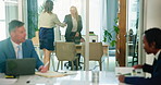 Business, office and women with handshake in consultation for greeting, introduction or respect. Company, agent and meeting with gesture to client for insurance review, discussion or update on policy