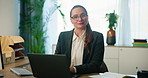 Office, portrait and mature woman at laptop with research, review or web analysis for business plan at finance agency. Smile, confidence and project manager at desk with computer for online schedule