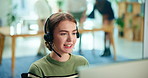 Woman, call center and consulting by computer in office with headphone, reading or advice for tech support. Person, agent and talk by pc, smile and crm with solution for customer care in workplace