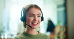 Woman, call center and advice for telemarketing in office with headphone, reading or question for tech support. Person, agent and consulting with smile, idea or crm with solution at customer care job