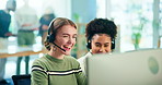 Business women, consultant and call center with headphones for customer service, telemarketing or sale at office. Female person, agents or employees with smile for online advice or promotion at desk