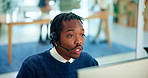 Black man, consultant and call center with headphones for customer service or virtual assistance at office. Young African, male person or agent consulting with headset for online advice at workplace