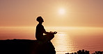 Person, meditation and silhouette on mountain by sunset sky with mindfulness, lotus and mockup space in nature. Breathing, sunshine and outdoor on cliff with zen balance, yoga or ocean in New Zealand