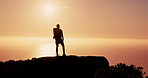 Person, silhouette and hiking on mountain at sunset with ocean, sky and mockup space on vacation in summer. Reflection, outdoor and fitness on hill with sea view, horizon and trekking in New Zealand