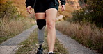 Woman, fitness and prosthetic leg for hiking on mountain for exercise, workout and walking on path. Morning, training and person with a disability outdoor for adventure, hobby and rehabilitation