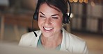 Business, night and woman with call center, telemarketing and ecommerce in workplace, smile and help. Female employee, agent and consultant with headphones, headset and talking in office and service