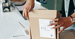 Business woman, hands and box with package for logistics, supply chain or delivery at office. Closeup of female person or owner closing parcel, cargo or product in shipping or courier service on desk