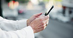 Hands, smartphone and business person typing email, networking or social media in city. Phone, scroll and professional broker on internet for communication, information and news notification closeup