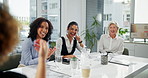 Business people, team and meeting with documents for discussion, presentation or collaboration at office. Female person or group or happy employees discussing project with paperwork at workplace