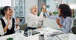 Business people, women and applause in meeting for celebration, company growth and reputation with happiness for progress. Team, success and high five for accomplishment, milestone and achievement.