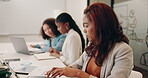 Research, planning and laptop with business woman for influencer marketing manager, digital campaign and network. Creative agency, online and branding awareness with person for social media trends