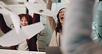 Business, women and excited with throwing paper for project celebration, success and achievement. Office, employees and happy in boardroom with documents for teamwork, collaboration and winning

