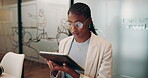 Black woman, tablet and typing in boardroom for business, email or prepare for presentation. Girl, tech or planning in office with proposal, digital information or employee reading for company growth