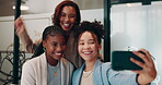 Business, women and happy at office with selfie for memories, bonding and social media post. People, employees and smile or excited for teamwork, collaboration and unity with fun for profile picture