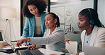 Call center, laptop and training women for customer service, support and about us. Computer, telemarketing and mentor coaching group for learning, help and teaching sales consultant lead generation
