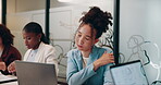 Business, woman and shoulder pain with laptop in meeting for medical injury, arthritis problem and muscle accident. Person, staff and digital with massage, fibromyalgia and emergency risk in office 