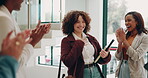 Business, people and handshake with applause in office for onboarding success, partnership and celebrate promotion. Smile, woman and staff clapping for hiring welcome, negotiation deal and agreement