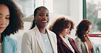 Business woman, face and waiting room for interview, human resources and recruitment process. People, diversity and confidence in office for onboarding, project management and corporate development