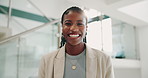 Black woman, face and laughing with smile at office in confidence for affirmative action with positive attitude. Portrait, African person and creative reporter in business press at news startup