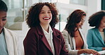 Business woman, face and waiting room for onboarding, human resources and job interview line. People, happy and diversity for recruitment, project management and corporate training with confidence