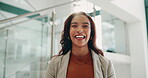 African woman, face and laughing with smile at office in confidence for affirmative action with positive attitude. Portrait, happy person and creative reporter in business press at news startup