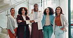 Happy, team and business women in office laughing for confidence, friendship and collaboration. Smile, pride and portrait of female employees with diversity at workplace for career development.