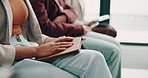 Interview, group and business people in waiting room with notebook, opportunity or proposal at recruitment agency. Office, lobby and bored women in row together for job search, conference or seminar