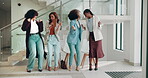 Business people, women and dancing at office in celebration of company kpi growth, sales achievement and happy. Professional, creative staff and group success with team building and victory support