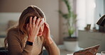 Woman, home and stress on laptop with documents on studying for school project as university student. Female person, learner and tired or burnout in bedroom for assignment or exam preparation