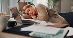 Burnout, laptop and sleeping with woman in home office for deadline of remote work startup. Computer, documents and exhausted with tired freelance employee at desk in apartment for fatigue or rest