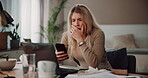 Woman, home and tired on smartphone with laptop for online research on school project as university student. Female person, learner and exhausted or burnout in bedroom at apartment for assignment