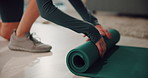 Fitness, hands and woman in home with yoga mat for health, wellness and commitment body care on ground. Growth, development and girl on floor with gym workout in bedroom for morning muscle exercise