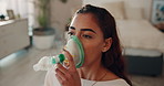 Woman, asthma and breathing with nebulizer for air, chronic illness or respiratory aid at home. Young, female person or patient with medical mask, equipment or treatment for clean oxygen or inhaler