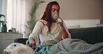 Woman, sick and respiratory illness with ventilator, health and wellness for medical condition in home. Female person, virus and oxygen mask for pneumonia, asthma and recovery in lounge for healing