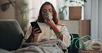 Woman, virus and respiratory illness with ventilator, health and mobile phone for telehealth in home. Female person, sick and oxygen mask for pneumonia, asthma or recovery in living room for healing