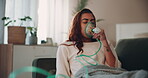 Woman, sick and respiratory illness with oxygen mask, health and wellness for medical condition. Female person, virus and ventilation or pneumonia, asthma or recovery with eyes closed as cure in home