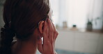 Woman, home and ear with hearing aid or audiology implant for person with a disability for sound clarity. Space, closeup and technology for listening to improve communication and speech