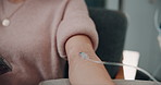 Arm, vitamins and woman on iv drip in clinic for healthcare treatment, medication or healing. Medical checkup, infusion and patient in hospital office for wellness, nutrition or natural medicine.